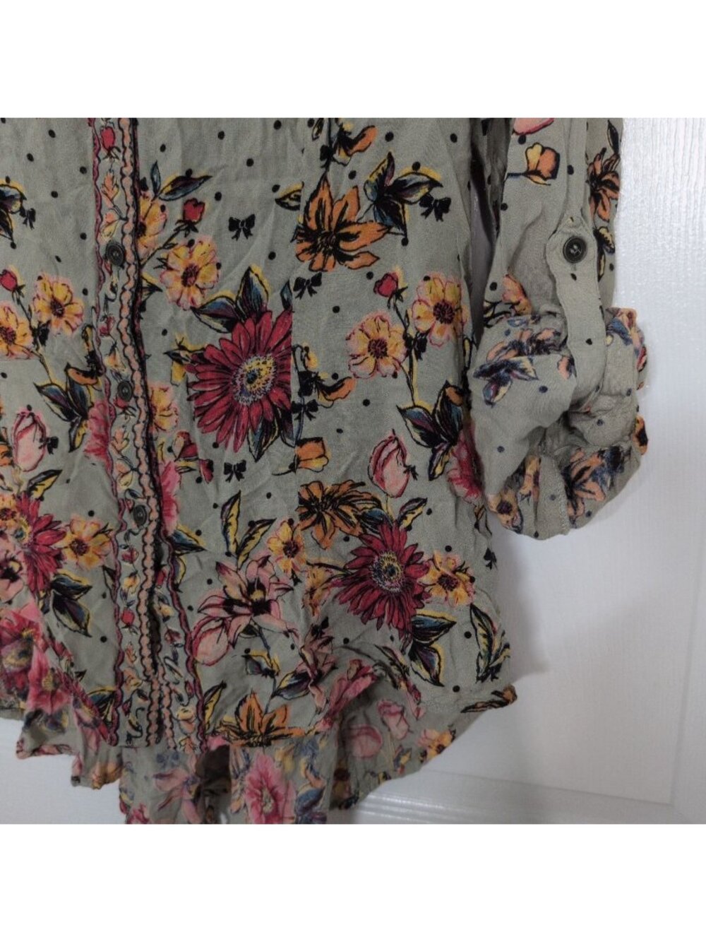 Lola P Floral Shirt Womens Size Large Green Boho Roll Tab Sleeves Button Front - Picture 2 of 12